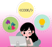 menina estudando em um computador com ícones ao redor